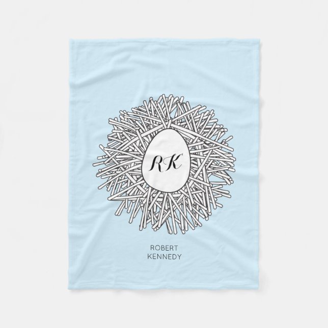 Cute Nest & Egg Personalised Initials & Name Blue Fleece Blanket (Front)