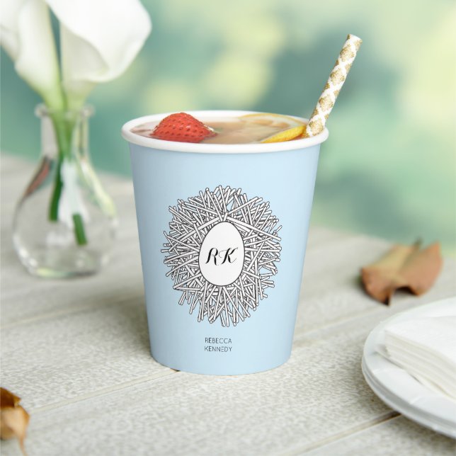 Cute Nest & Egg Personalised Initials & Name Blue  Paper Cups (Insitu)