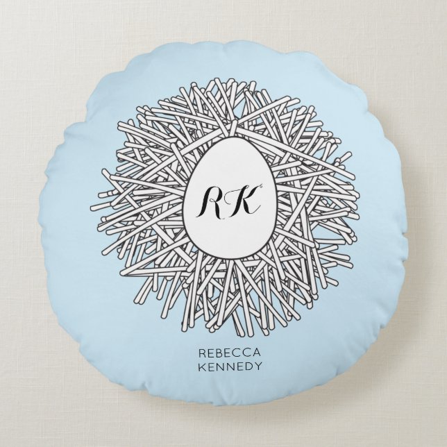 Cute Nest & Egg Personalised Initials & Name Blue Round Cushion (Front)