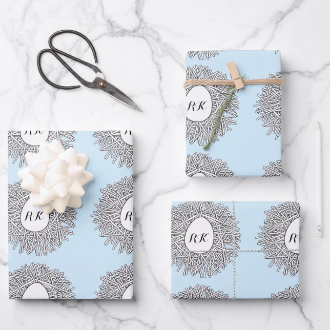Cute Nest & Egg Personalised Initials & Name Blue Wrapping Paper Sheet (Front)