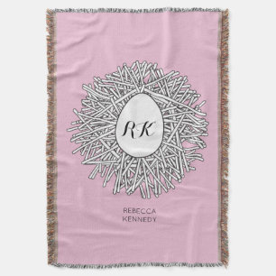 Cute Nest & Egg Personalised Initials & Name Pink Throw Blanket