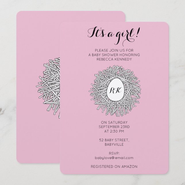 Cute Nest Monogram Baby Girl Baby Shower Invitation (Front/Back)