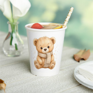 Cute Neutral Baby Teddy Bear with Scarf Paper Cup
