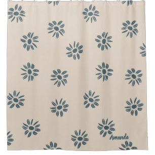 Cute Neutral Blue Beige Monogram Name Shower Curtain