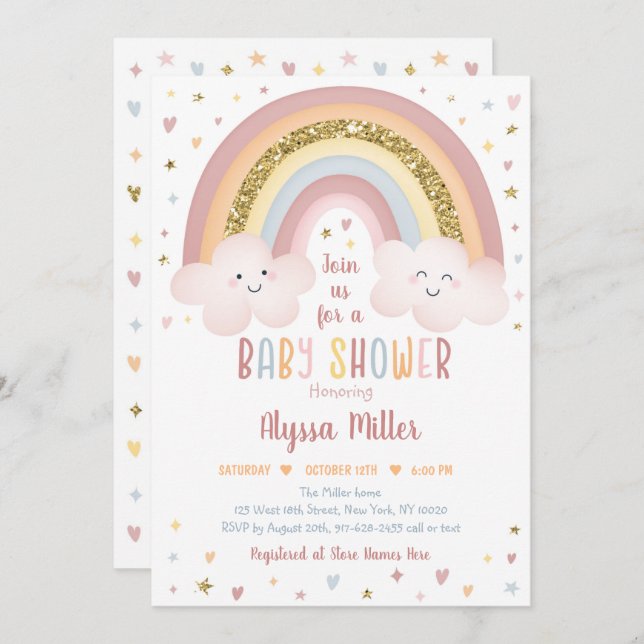 Cute Neutral Boho Rainbow Clouds Baby Shower Invitation (Front/Back)