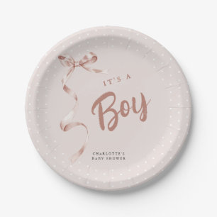 Cute Neutral Bow Ribbon Boy Baby Shower Paper Plate