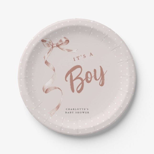 Cute Neutral Bow Ribbon Boy Baby Shower Paper Plate (Front)