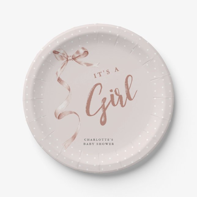Cute Neutral Bow Ribbon Girl Baby Shower Paper Plate (Front)