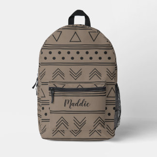 Cute Neutral Brown Mudcloth Monogram Name Printed Backpack