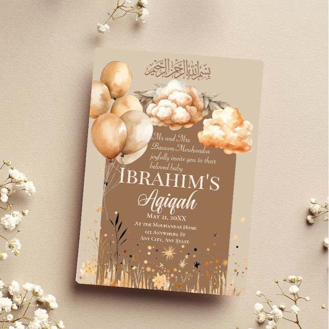 Cute Neutral Colours Islamic Baby Aqiqah Invitation (Creator Uploaded)