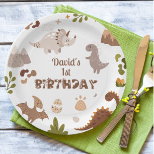 Cute Neutral Dinosaur Birthday Paper Plate
