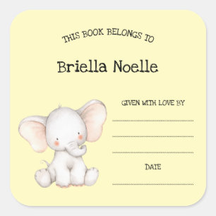 Cute neutral elephant baby shower bookplate square sticker