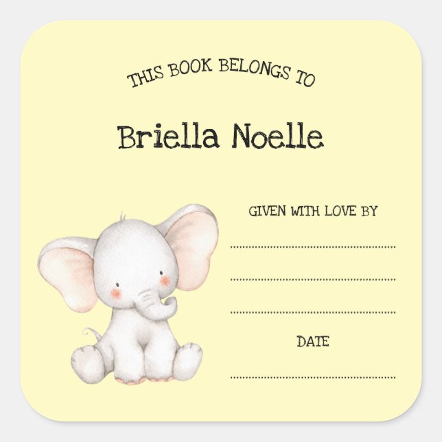 Cute neutral elephant baby shower bookplate square sticker (Front)