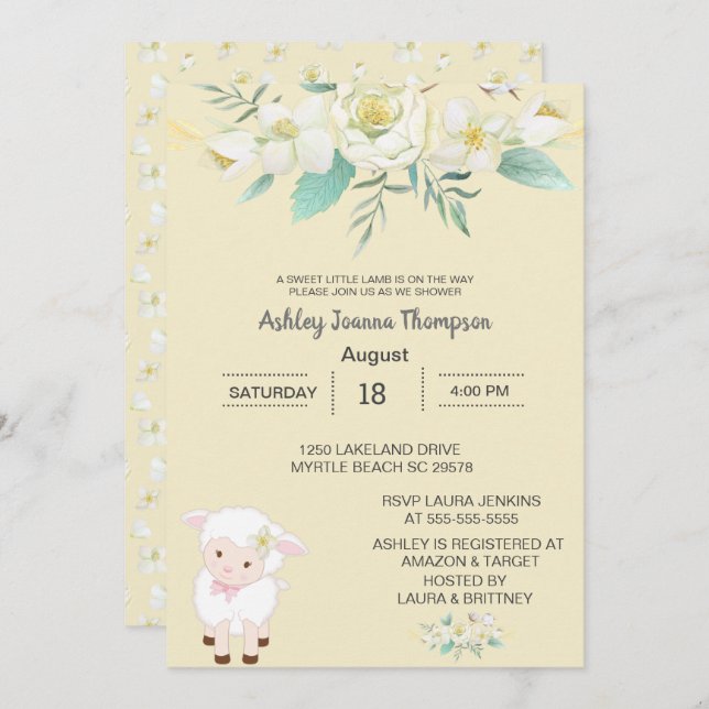 Cute  Neutral Floral Lamb  Baby Shower Invitation (Front/Back)