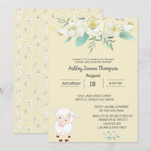 Cute Neutral Floral Lamb Baby Shower Invitation