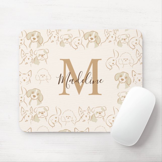 Cute Neutral Pop Dog Pattern Elegant Monogram Mouse Mat (With Mouse)