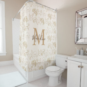 Cute Neutral Pop Dog Pattern Elegant Monogram Shower Curtain