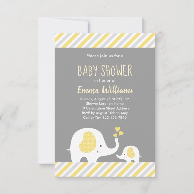 Cute Neutral Yellow Grey Elephant Baby Shower Invitation (Front)