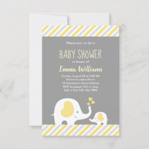 Cute Neutral Yellow Grey Elephant Baby Shower Invitation