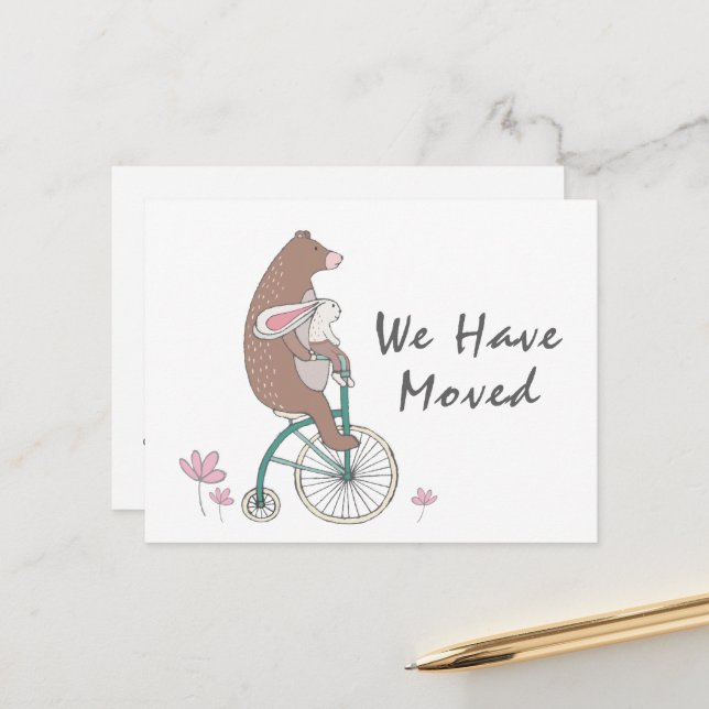 Cute New Address Bicycling Bear & Bunny Announcement Postcard (Front/Back In Situ)