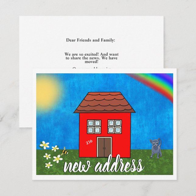 Cute New Address | Red House Rainbow Flowers Cat  Announcement (Front/Back)