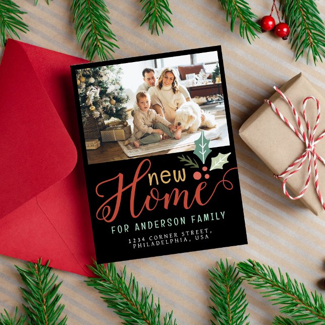 Cute New Home Christmas Holiday Moving Photo Black Announcement Postcard (Creator Uploaded)