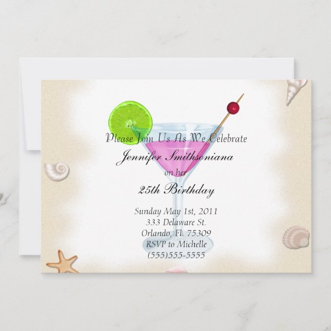 Cute New Sea Shells and Cocktails Birthday Party I Invitation (Front)