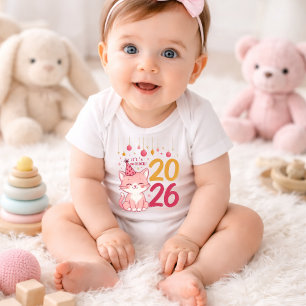 Cute New Year 2026 baby girl bodysuit Pink Cat