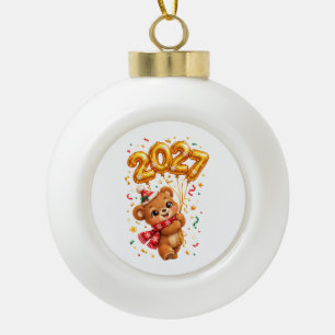 Cute New Year Bear with Golden 2027 Balloons Ceramic Ball Christmas Ornament