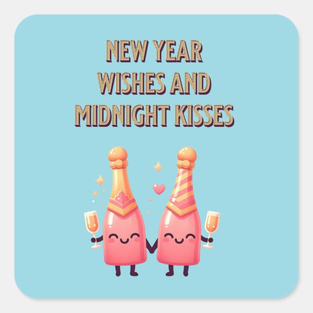 Cute New Year Wishes & Midnight Kisses Kawaii Square Sticker (Front)