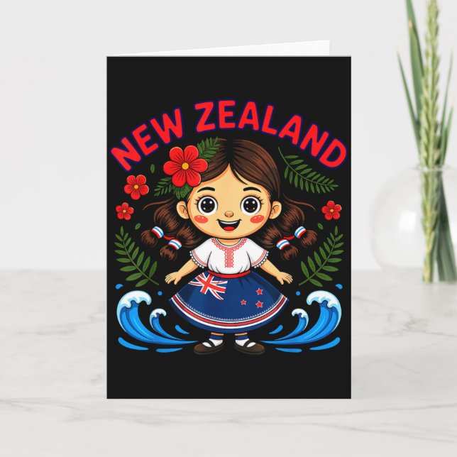 Cute New Zealand Girl With Fern And Waves Dor Kids Card (Front)