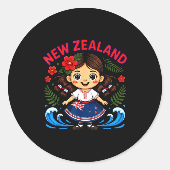 Cute New Zealand Girl With Fern And Waves Dor Kids Classic Round Sticker (Front)