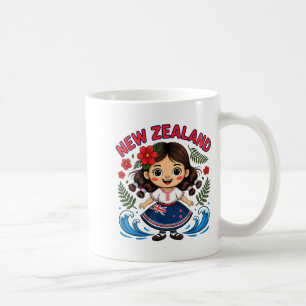 Cute New Zealand Girl With Fern And Waves Dor Kids Coffee Mug