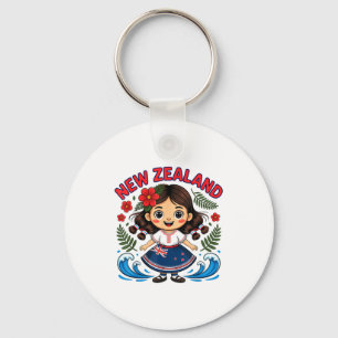 Cute New Zealand Girl With Fern And Waves Dor Kids Key Ring