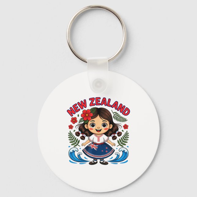Cute New Zealand Girl With Fern And Waves Dor Kids Key Ring (Front)