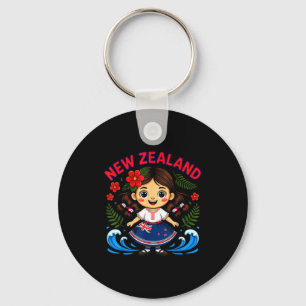 Cute New Zealand Girl With Fern And Waves Dor Kids Key Ring