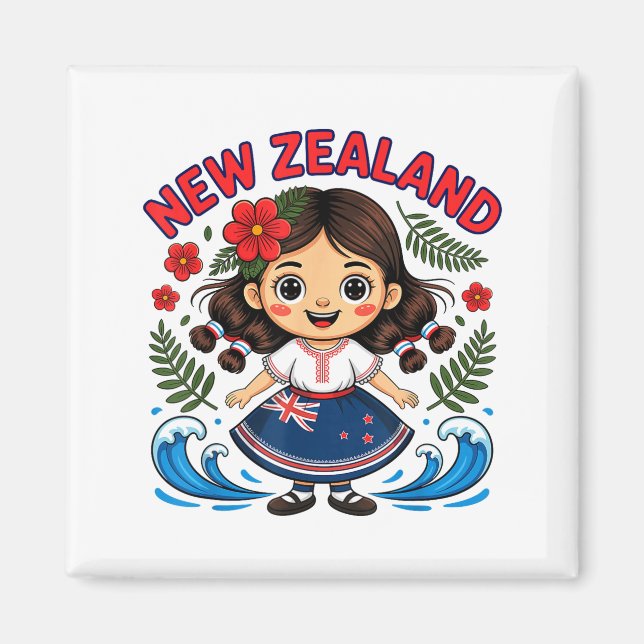 Cute New Zealand Girl With Fern And Waves Dor Kids Magnet (Front)