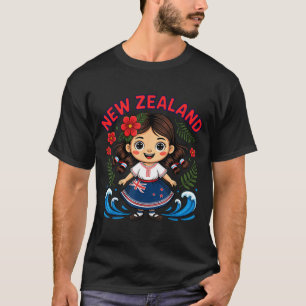 Cute New Zealand Girl With Fern And Waves Dor Kids T-Shirt