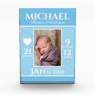 Cute Newborn Baby Birth Stats Blue Polka Dots Photo Block
