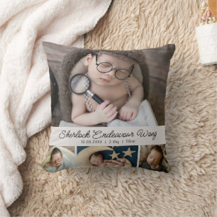 Cute Newborn Baby Photo Birth Stats Cushion