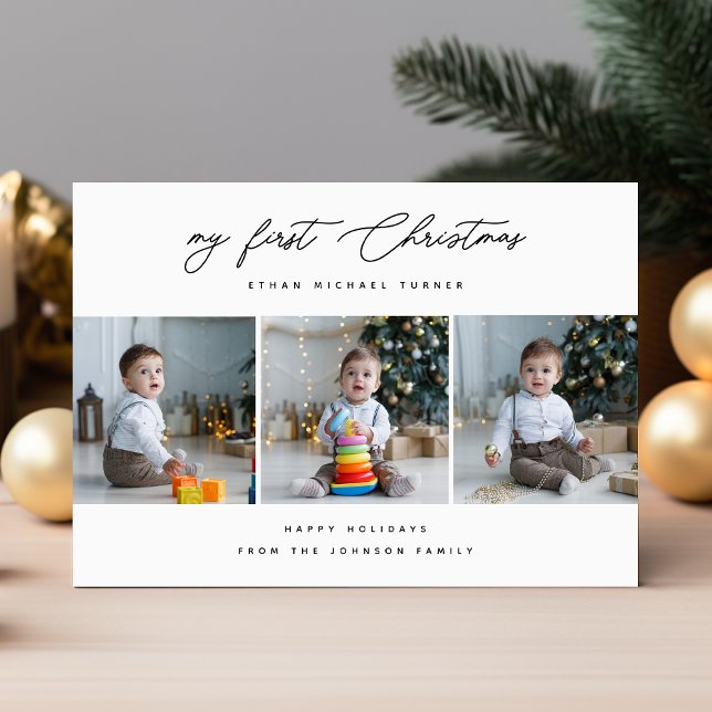 Cute Newborn Baby's First Christmas 3 Photo Holiday Card (Creator Uploaded)