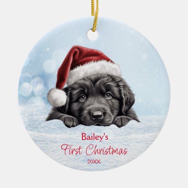 Cute Newfoundland Dog Snow Santa Hat 1st Christmas Ceramic Tree Decoration (Front)