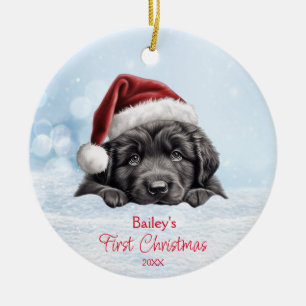 Cute Newfoundland Dog Snow Santa Hat Personalized  Ceramic Tree Decoration