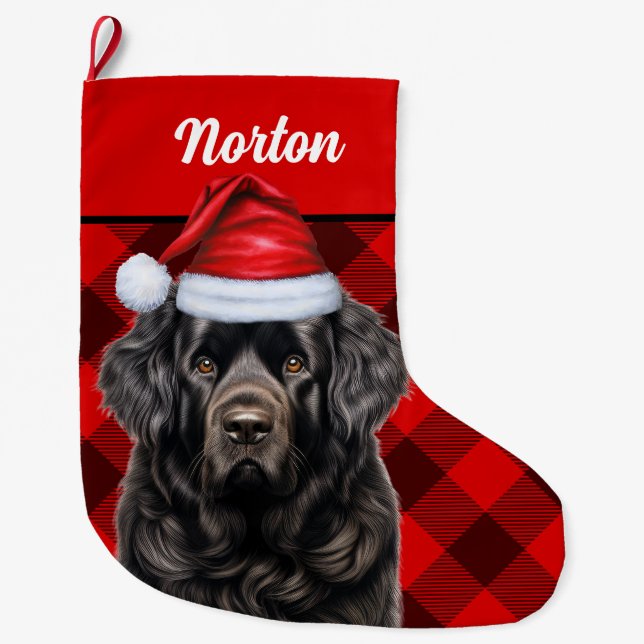 Cute Newfoundland Holiday Buffalo Plaid Custom Large Christmas Stocking (Front)
