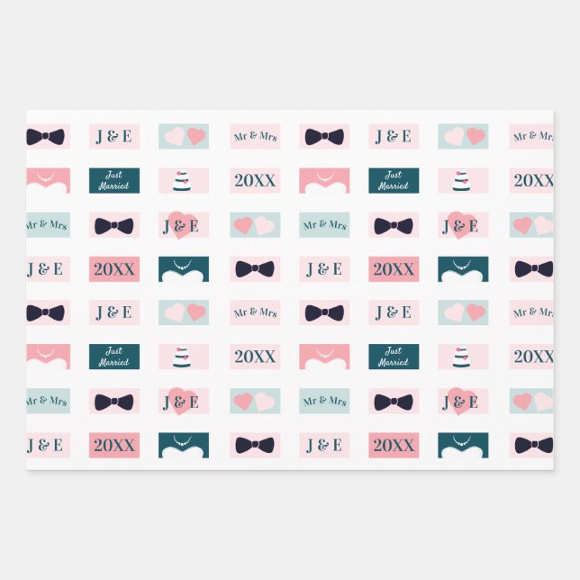 Cute Newlyweds Mr and Mrs Initials White  Wrapping Paper Sheet (Front)