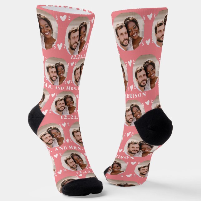 Cute Newlyweds Photo Rose Gold Wedding  Socks (Angled)
