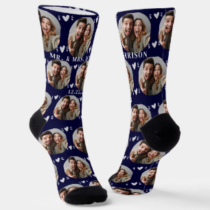 Cute Newlyweds Photo Wedding Navy Socks