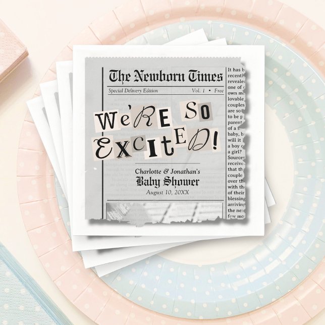 Cute Newspaper The Newborn Times Baby Shower Napkin (Cute The Newborn Times newspaper gender neutral baby shower paper napkins, table decorations)