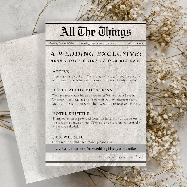 Cute Newspaper Wedding Day Details Enclosure Card (Cute trendy newspaper style wedding invitation suite details enclosure card, attire, hotels, website)