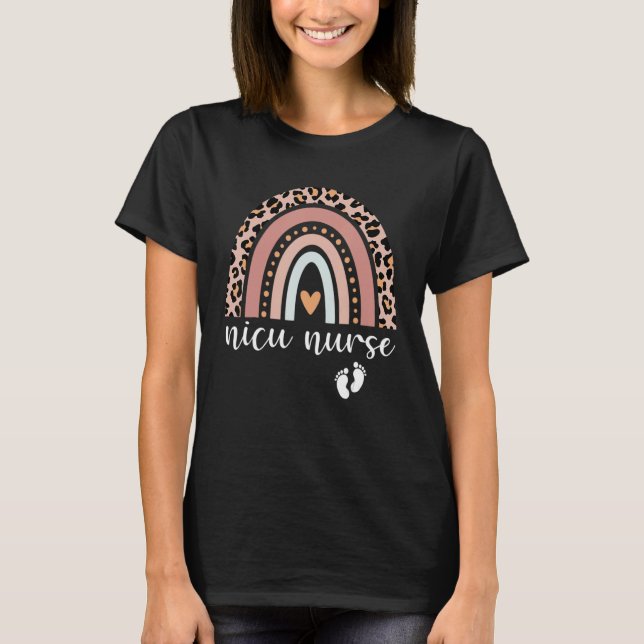 Cute Nicu Nurse Icu Neonatal Leopard Boho Rainbow  T-Shirt (Front)
